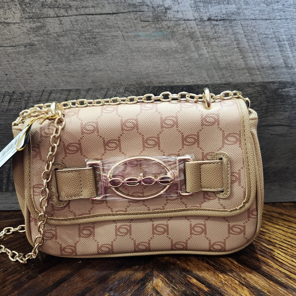 NWT Bebe Logo Chain Shoulder Bag Blush Beige Monogram Gold Hardware